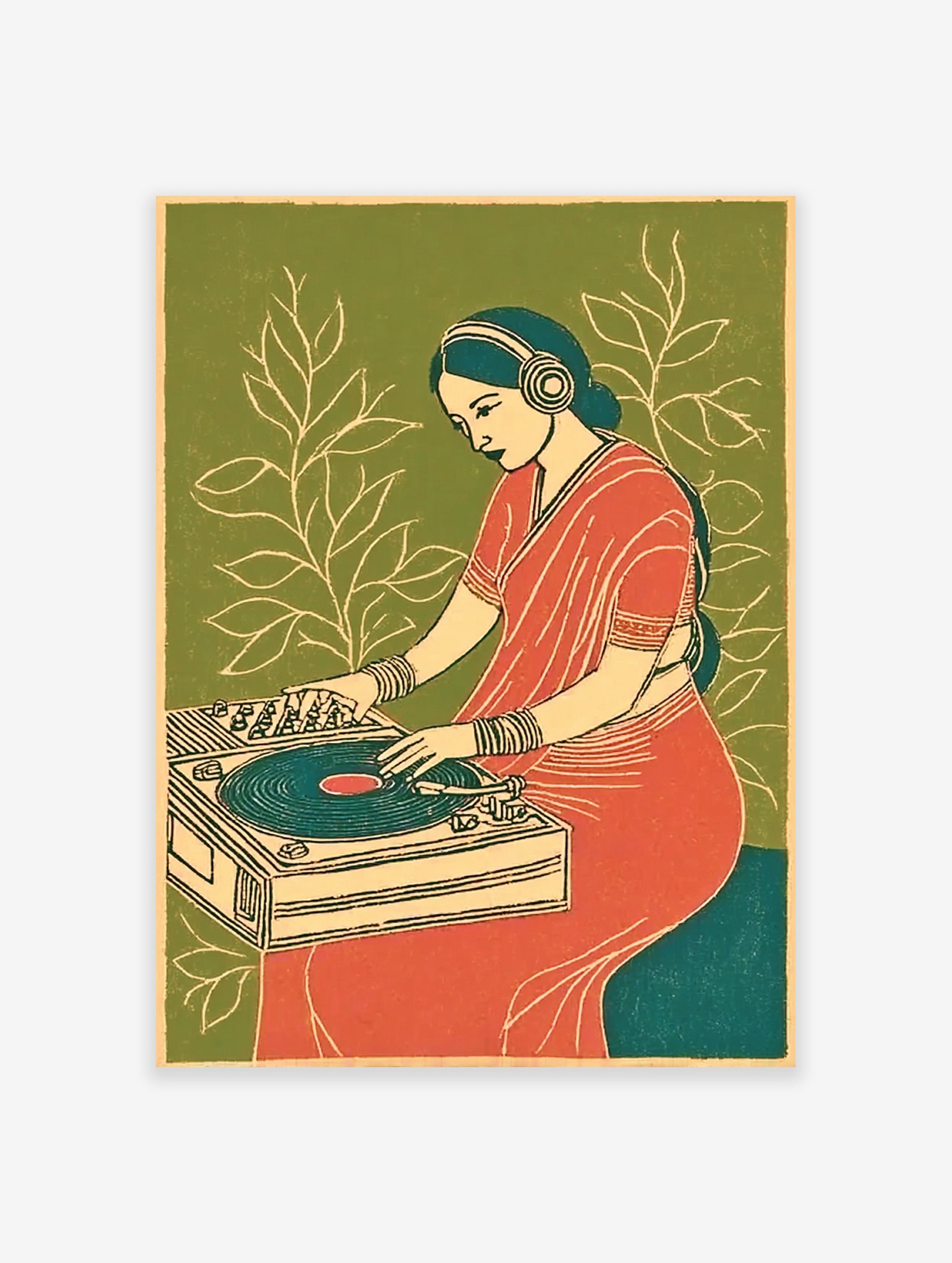 Stylized Indian woman DJing with headphones and red sari on a turntable against a green background with white leaves. Indian DJ Art Print.