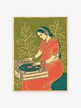 Stylized Indian woman DJing with headphones and red sari on a turntable against a green background with white leaves. Indian DJ Art Print.