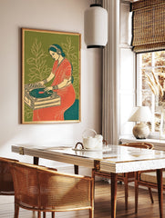 Stylized Indian woman DJing with headphones and red sari on a turntable against a green background with white leaves. Indian DJ Art Print. - Image 3