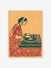Indian DJ art print of a woman in a red sari and green headphones, mixing music on a turntable with intricate patterns.