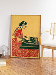 Indian DJ art print of a woman in a red sari and green headphones, mixing music on a turntable with intricate patterns. - Image 2