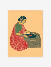 Indian DJ wall art featuring a woman in a red saree and headphones mixing music on a turntable in a block print style.