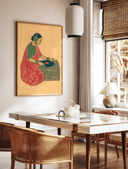 Indian DJ wall art featuring a woman in a red saree and headphones mixing music on a turntable in a block print style. - Image 3