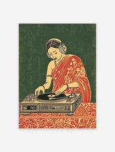 Illustrated Indian woman in a red sari wearing headphones, operating a DJ turntable against a dark green background.