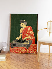 Illustrated Indian woman in a red sari wearing headphones, operating a DJ turntable against a dark green background. - Image 2