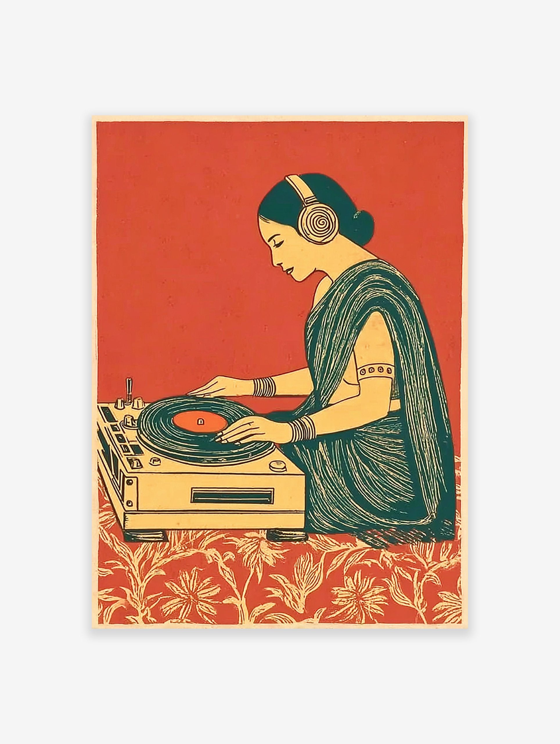 Illustrative art print of an Indian woman wearing headphones, DJing on a turntable, with a red background and patterned floor.