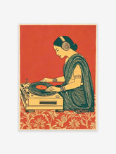 Illustrative art print of an Indian woman wearing headphones, DJing on a turntable, with a red background and patterned floor.