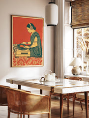Illustrative art print of an Indian woman wearing headphones, DJing on a turntable, with a red background and patterned floor. - Image 3