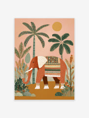 Indian elephant poster with terracotta elephant, decorative patterns, tropical plants, and a yellow sun on a peach background.
