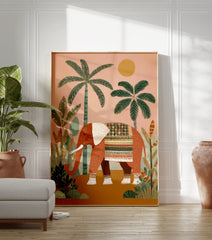 Indian elephant poster with terracotta elephant, decorative patterns, tropical plants, and a yellow sun on a peach background. - Image 3