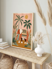 Indian elephant poster with terracotta elephant, decorative patterns, tropical plants, and a yellow sun on a peach background. - Image 4