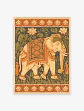 Indian elephant wall art with lotus flowers, attendants and a decorative border in cream, orange and blue
