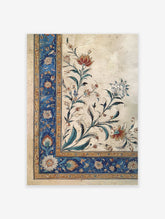 Intricate Indian floral art print with red, white, and orange flowers, green leaves, and a detailed blue and gold border.