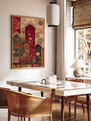 Indian floral wall art with red and green flowers in decorative Mughal arches on a distressed beige background. - Image 3