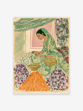 Indian flower garland wall art print of a woman in a green sari threading jasmine with marigolds and orchids