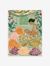 Indian flower garland art print of a seated woman threading jasmine with orange and pink blooms