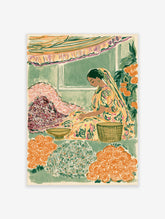 Indian flower seller art print with woman in yellow sari, marigolds and pink blooms
