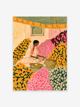 Indian flower seller seated among marigolds, pink blooms and jasmine in a colourful market illustration