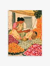 Indian flower seller threading garlands beside baskets of orange, pink and white flowers in a colourful market illustration