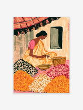 Indian flower seller illustration with woman in yellow sari stringing jasmine among orange and pink flowers