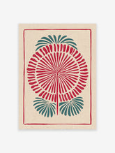 Indian folk art print with a red and teal botanical block print design on textured beige paper, framed by a red border.