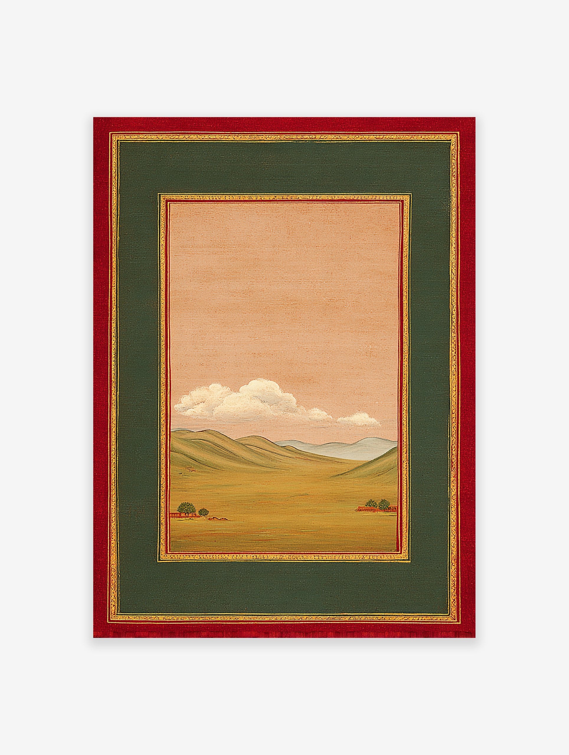 Traditional Indian landscape wall art painting with green hills, fields, peach sky, white clouds, and red & gold frame.