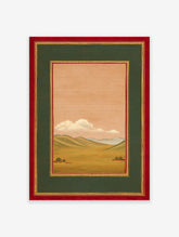Traditional Indian landscape wall art painting with green hills, fields, peach sky, white clouds, and red & gold frame.