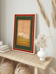 Traditional Indian landscape wall art painting with green hills, fields, peach sky, white clouds, and red & gold frame. - Image 3