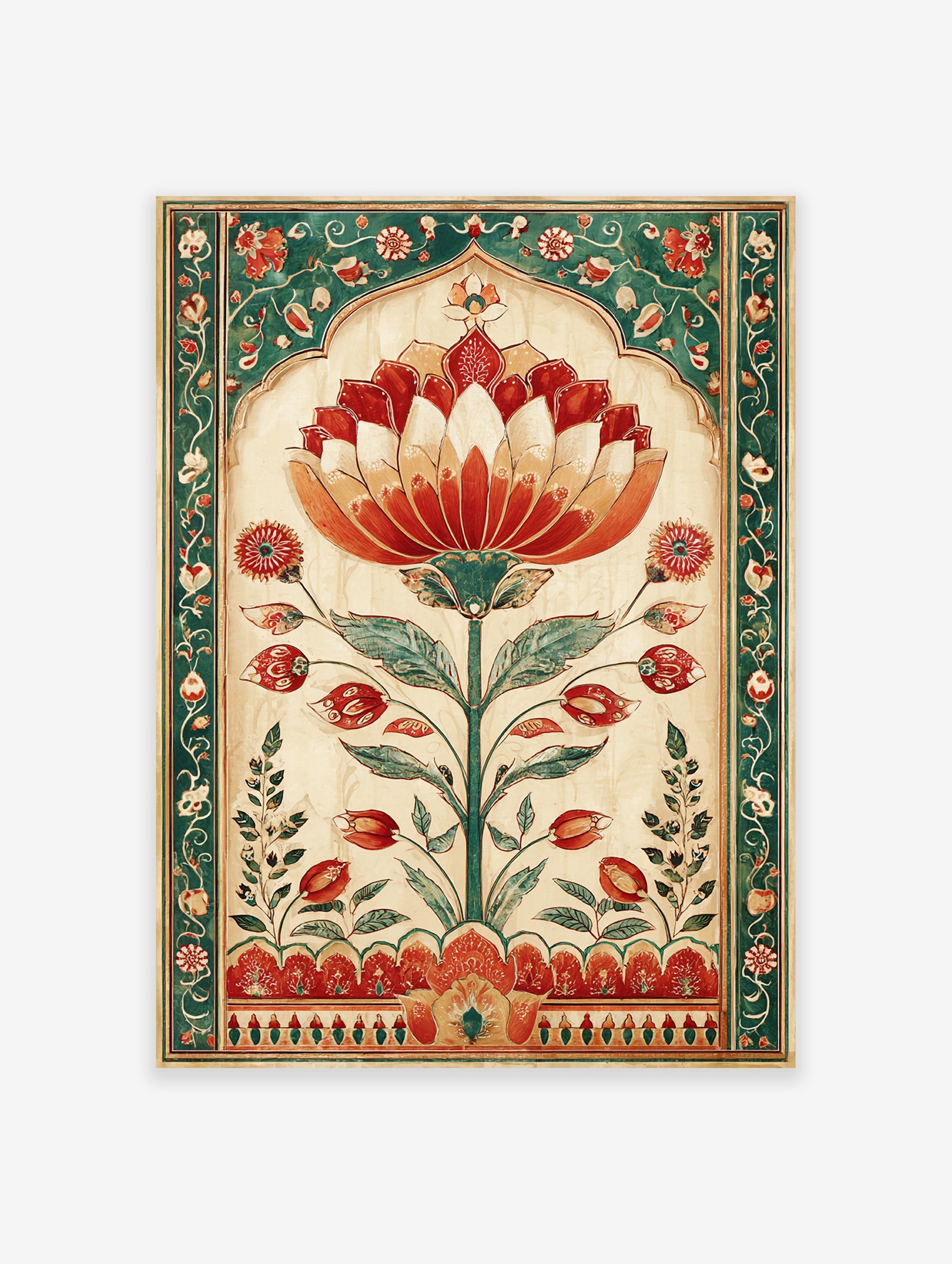 Indian Lotus Botanical Poster featuring a vibrant red and orange lotus flower in a Mughal-style arched frame with green floral borders.