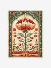 Indian Lotus Botanical Poster featuring a vibrant red and orange lotus flower in a Mughal-style arched frame with green floral borders.