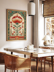 Indian Lotus Botanical Poster featuring a vibrant red and orange lotus flower in a Mughal-style arched frame with green floral borders. - Image 2