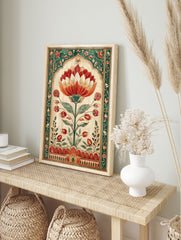 Indian Lotus Botanical Poster featuring a vibrant red and orange lotus flower in a Mughal-style arched frame with green floral borders. - Image 4