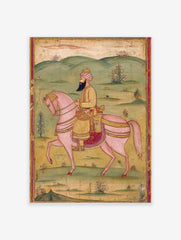 Indian miniature painting of a bearded man in a pink turban riding an ornate pink horse in a green landscape