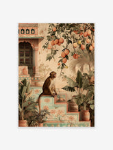 An illustrative Indian monkey poster sitting on steps with tropical plants, orange fruit branches, and traditional architecture.