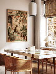 An illustrative Indian monkey poster sitting on steps with tropical plants, orange fruit branches, and traditional architecture. - Image 2
