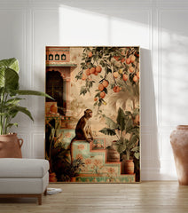 An illustrative Indian monkey poster sitting on steps with tropical plants, orange fruit branches, and traditional architecture. - Image 3