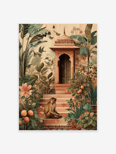Indian Monkey Poster on steps in a tropical garden with ornate Indian architecture, banana leaves, orange trees, birds, and butterflies.