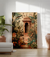 Indian Monkey Poster on steps in a tropical garden with ornate Indian architecture, banana leaves, orange trees, birds, and butterflies. - Image 3