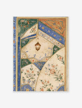 Mughal ceiling fresco print with hanging lantern, pink flowers, and blue geometric panels