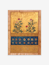 Gilded Indian Mughal botanical painting with pink flowers, green leaves, and intricate blue and gold floral patterns.