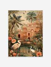 Indian Palace Garden poster with elegant herons, lush palm trees, and traditional architecture by a tranquil pond.