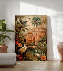 Indian Palace Garden poster with elegant herons, lush palm trees, and traditional architecture by a tranquil pond. - Image 3
