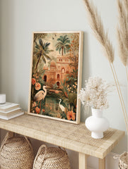 Indian Palace Garden poster with elegant herons, lush palm trees, and traditional architecture by a tranquil pond. - Image 4