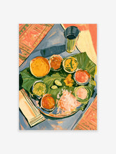 Indian thali food poster with curries, rice and lime on a banana leaf, painted in gouache style