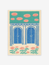 Indian Wall Art print with blue arched doors, red floral patterns, and teal sky on a cream background, folk art style.
