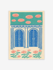 Indian Wall Art print with blue arched doors, red floral patterns, and teal sky on a cream background, folk art style.