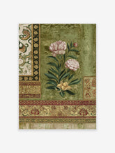 Indian Wall Art print with pink peonies, yellow flowers, and ornate gold, red, and green botanical borders on a textured green background.