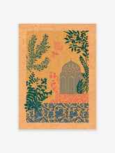 Indian wall art print with a teal dome structure, coral flowers, and green leaves on a textured tan background.