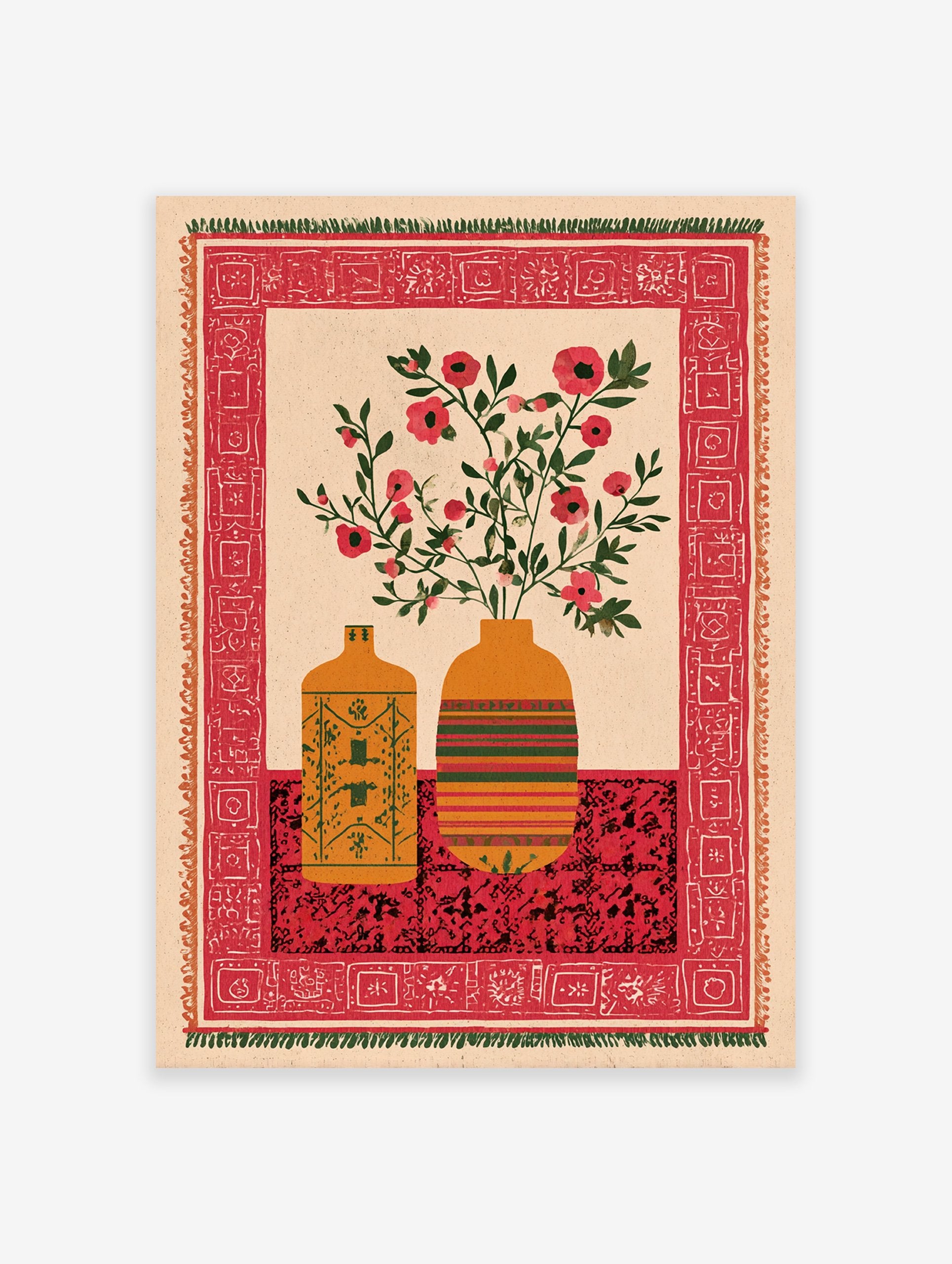 Indian wall art print with two vases of red botanical flowers on a patterned red table, framed by a decorative border.