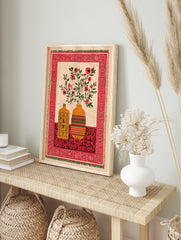 Indian wall art print with two vases of red botanical flowers on a patterned red table, framed by a decorative border. - Image 3